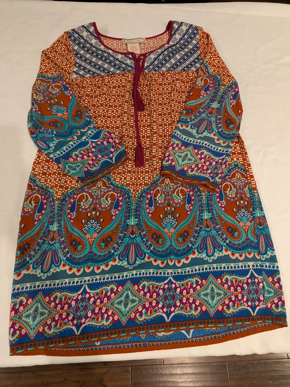 Flying Tomato Rust Paisley Tunic Dress with Teal & Magenta Accents